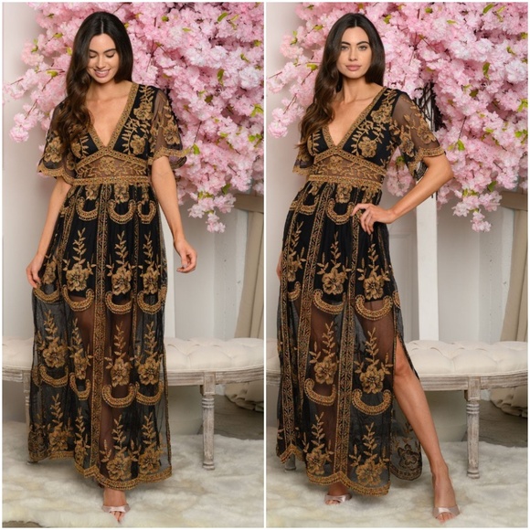 Gold & Black lace & embroidered maxi Dress - Picture 3 of 14